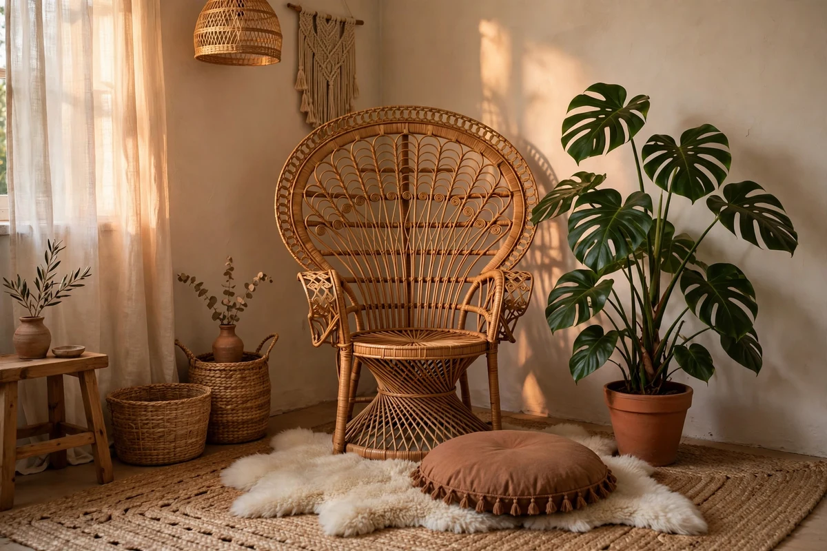 Boho living room corner with rattan peacock chair and plants
