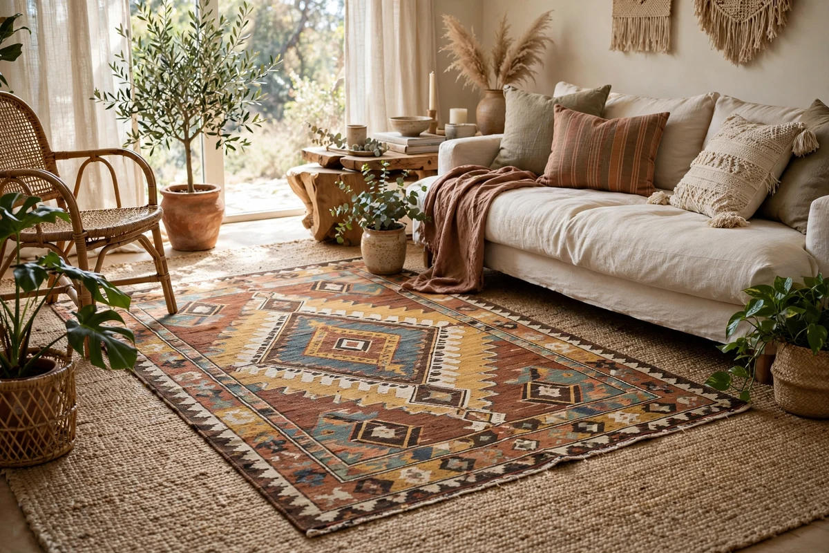 Boho living room with layered kilim rug over jute rug