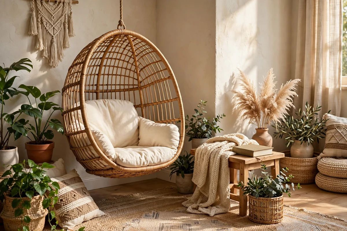 Boho living room with hanging wicker egg chair