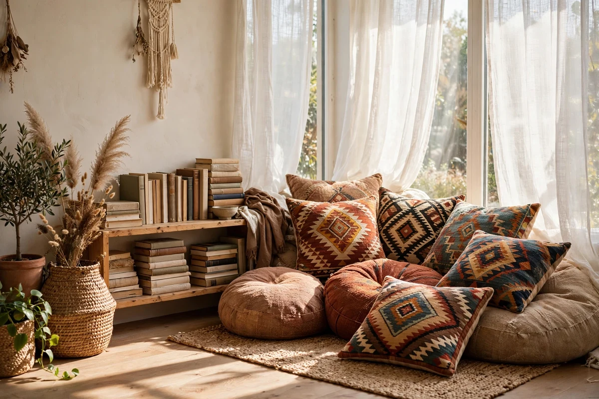 Boho living room floor cushion reading nook with books