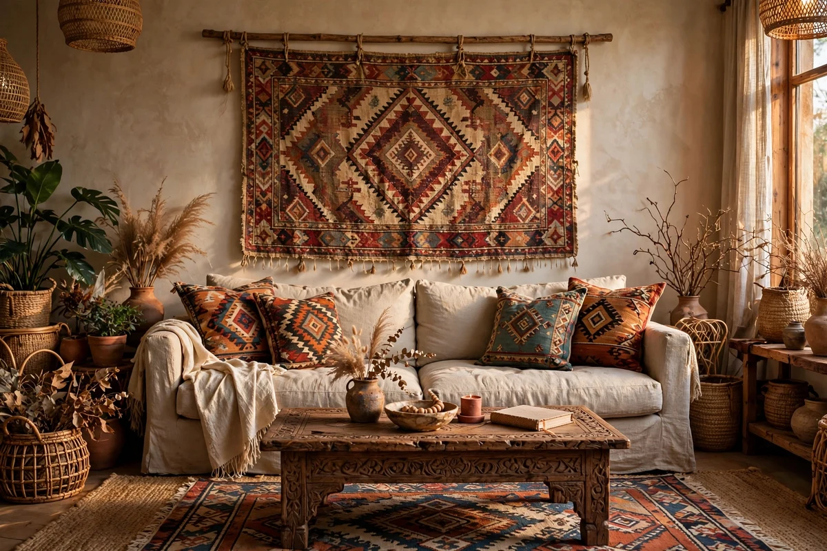 Boho living room with vintage tapestry hanging behind sofa