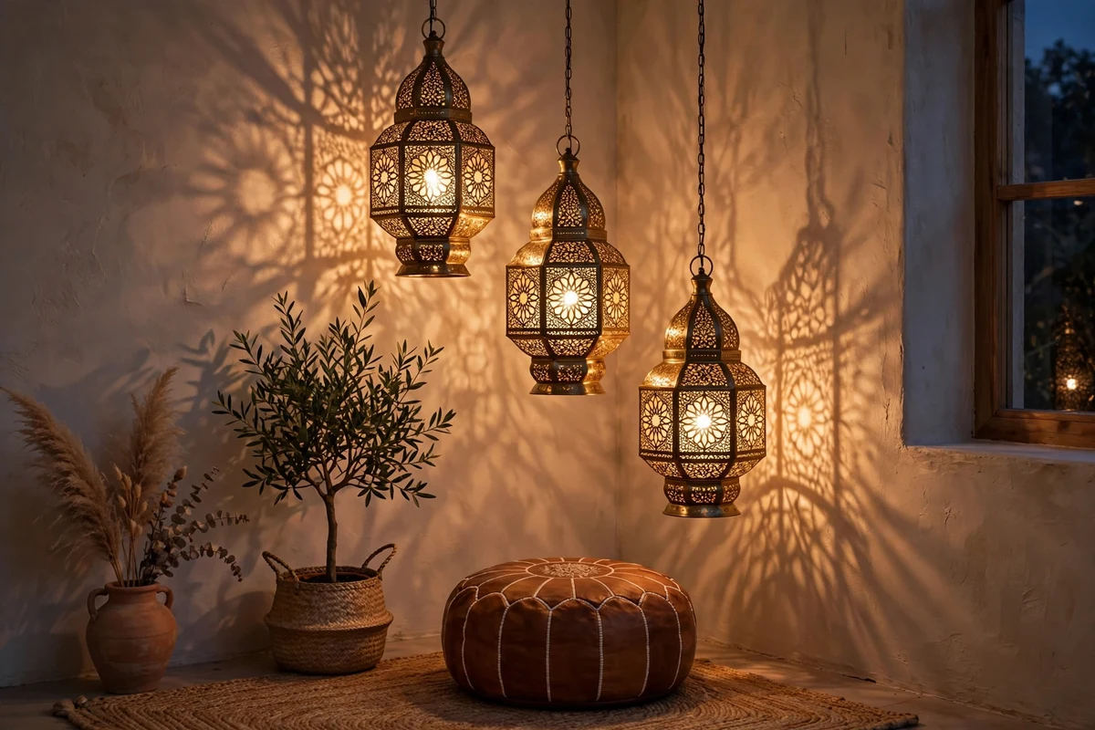 Boho living room with Moroccan lantern cluster glowing