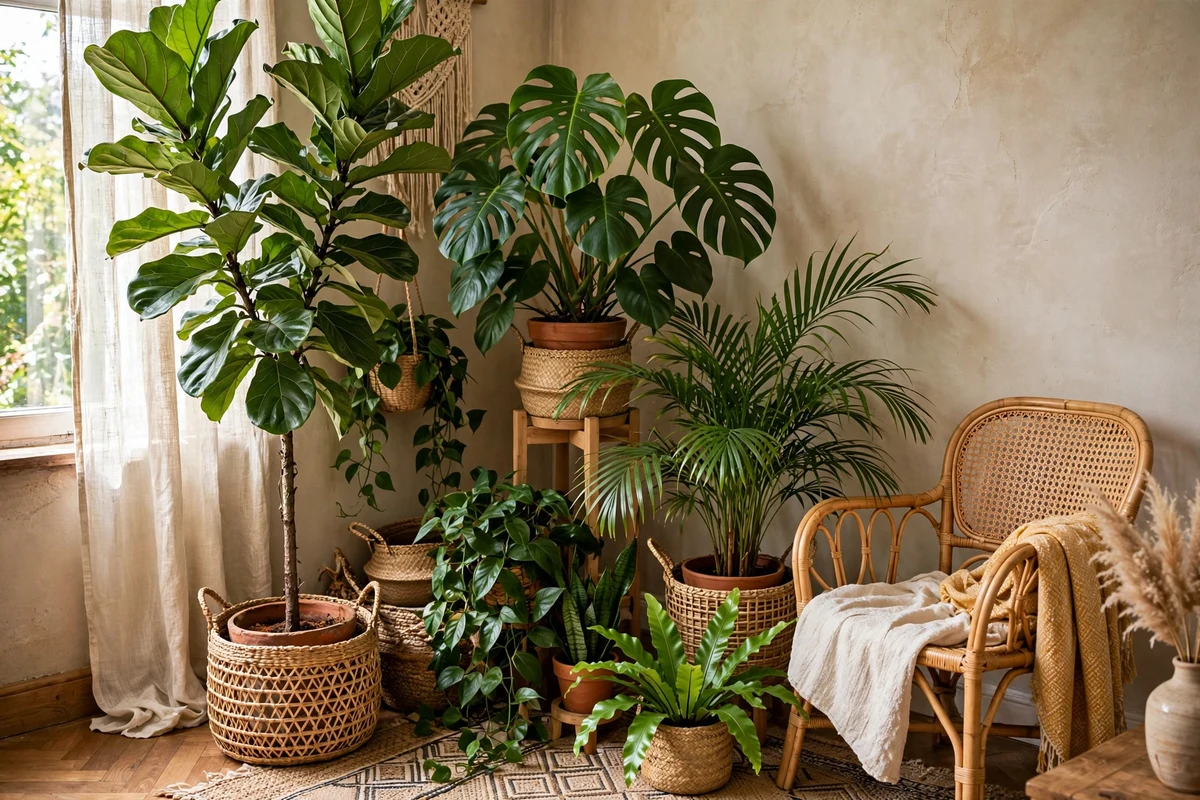 Boho living room indoor plant jungle corner