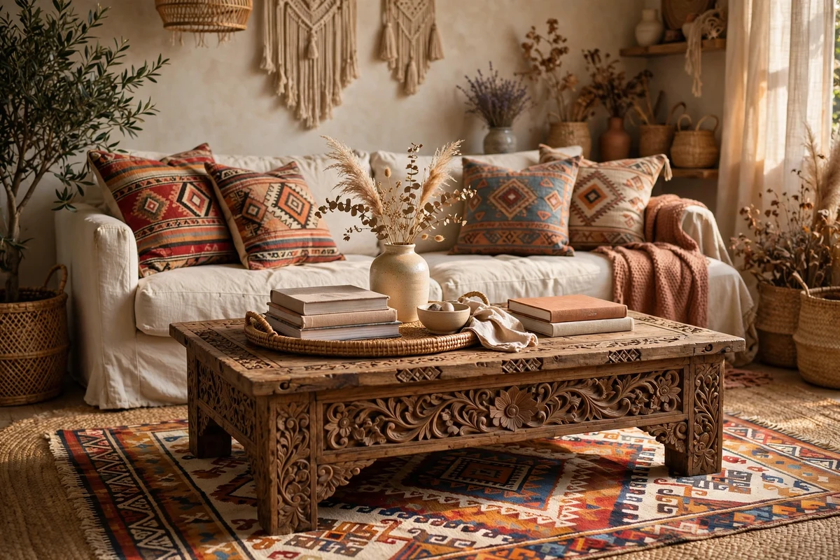 Boho living room with low carved wood coffee table