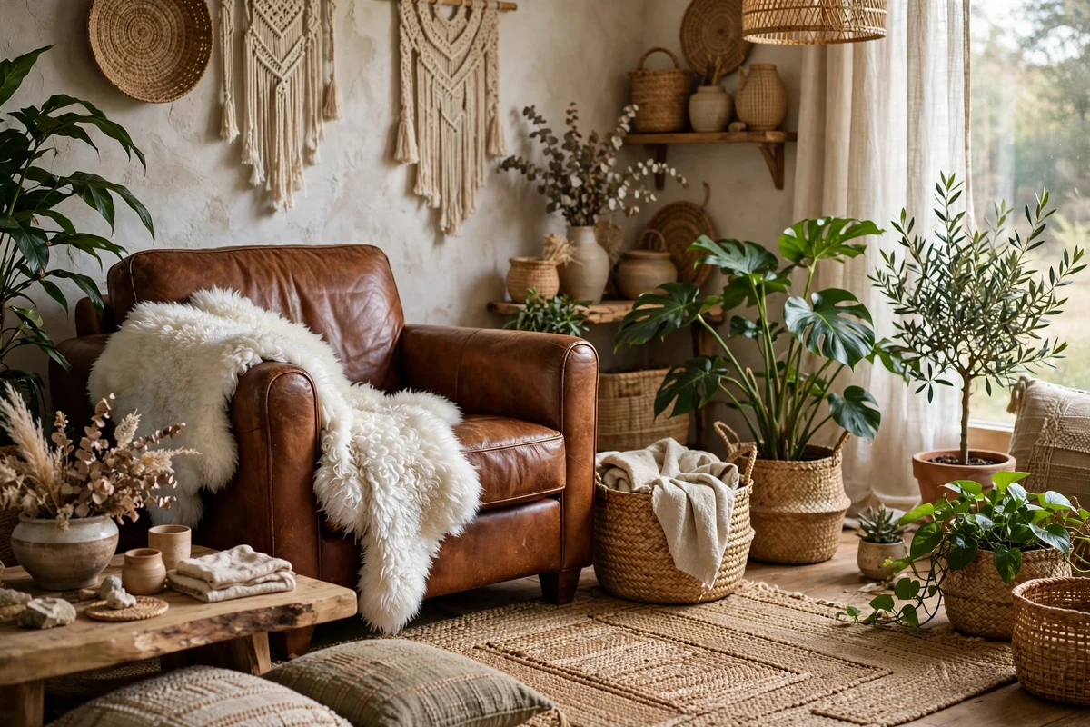 Boho living room armchair with sheepskin throw draped over it