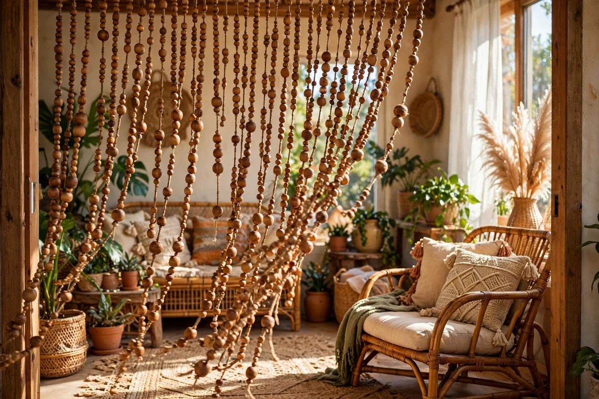 Boho living room with wooden beaded curtain doorway