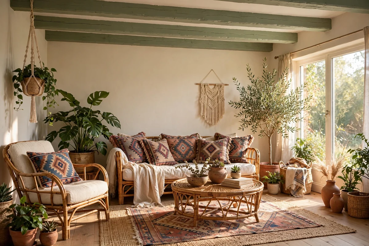 Boho living room with painted wood ceiling beams