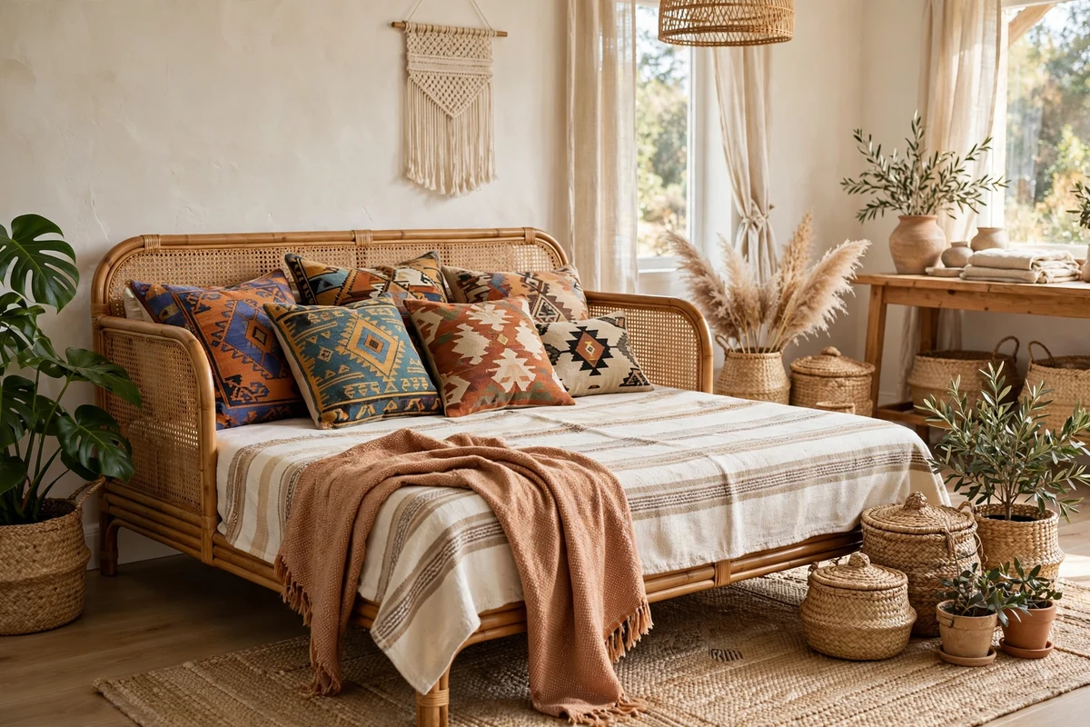Boho living room with caned rattan daybed and kilim pillows