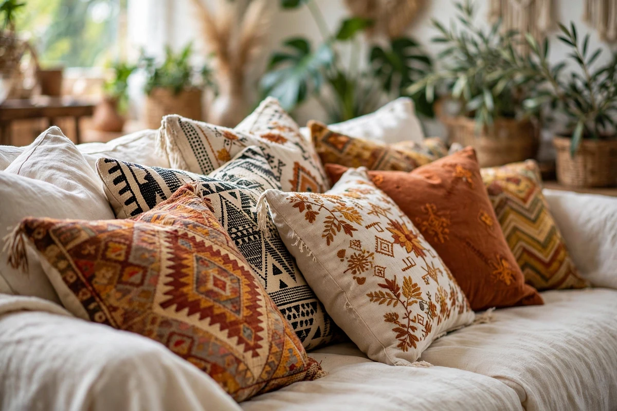 Boho living room linen sofa with kilim pillow mix