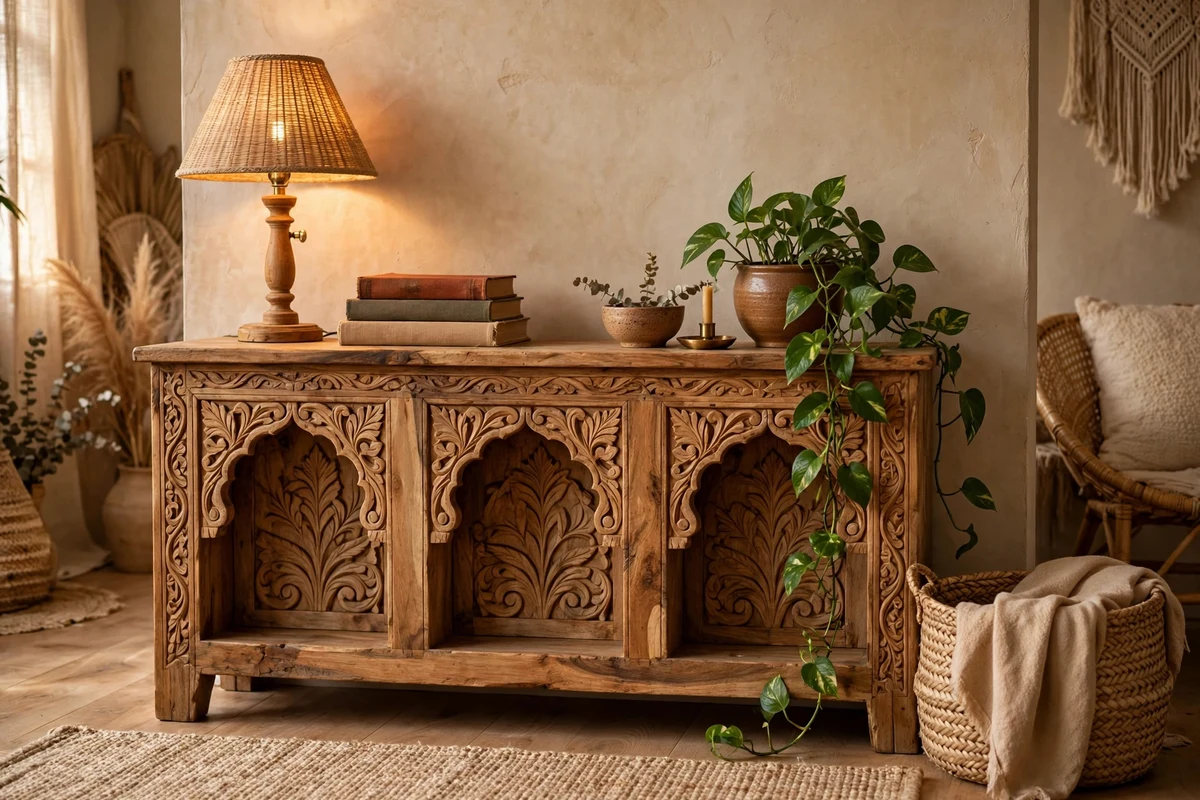 Boho living room with carved wood console table styling