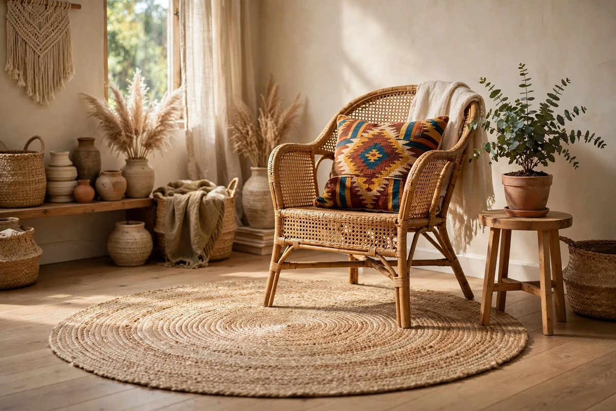 Boho living room with round jute rug under reading chair