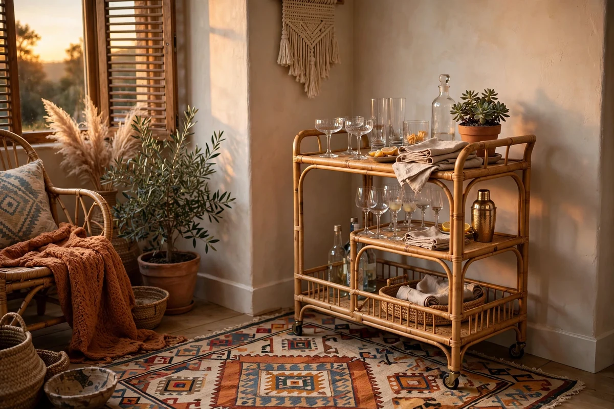 Boho living room with rattan bar cart styling