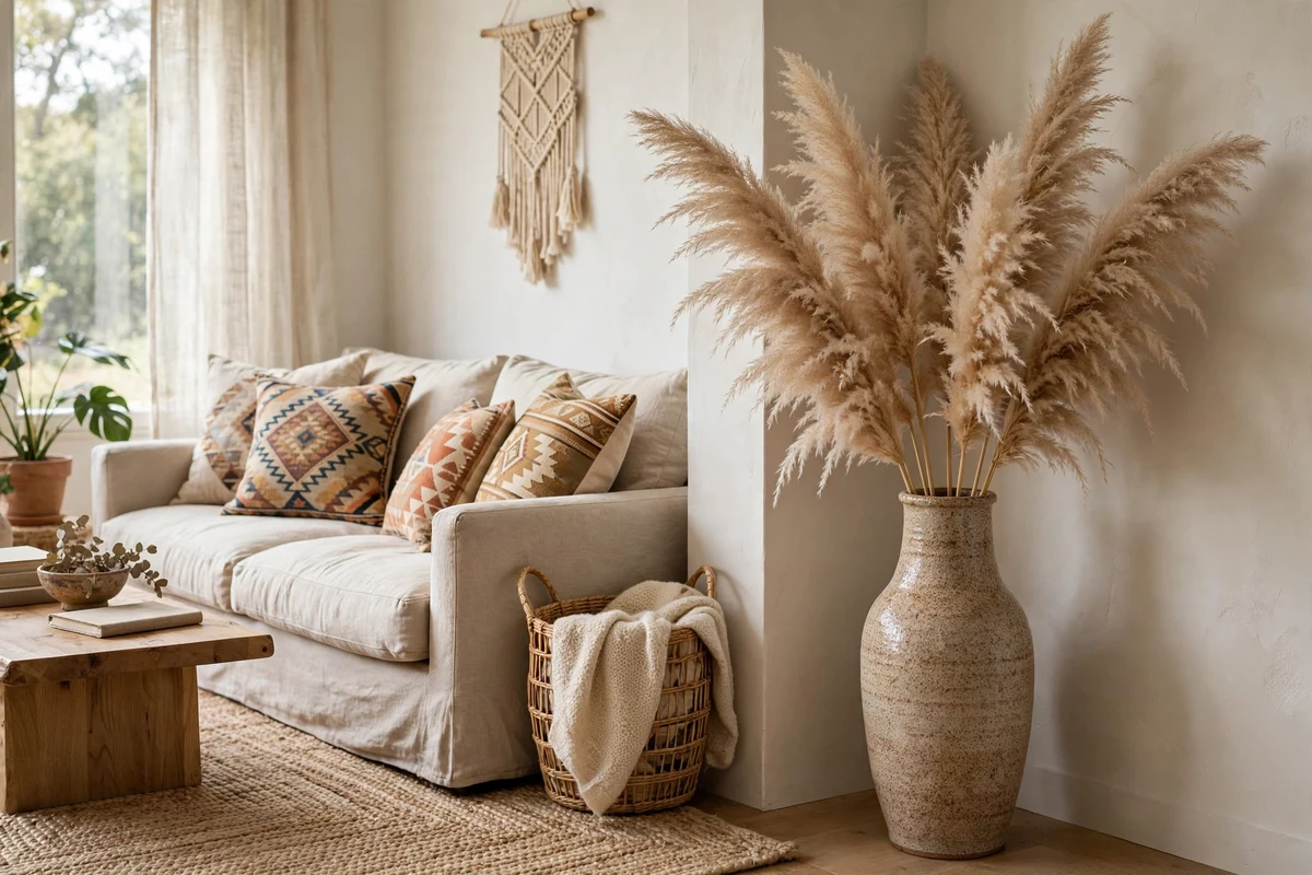 Boho living room with pampas grass in tall floor vase