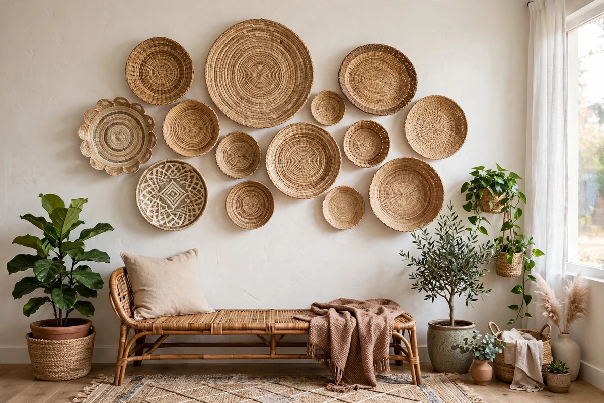 Boho living room with woven wall basket gallery