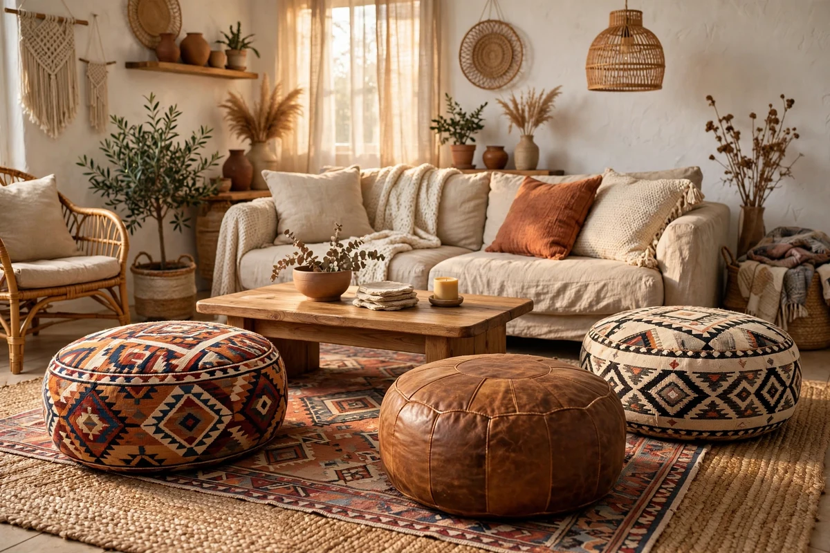 Boho living room with floor pouf seating around coffee table