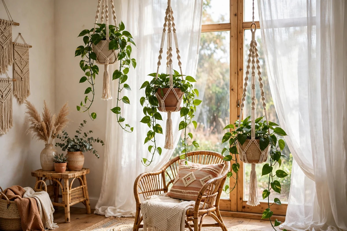 Boho living room with macrame plant hangers by window