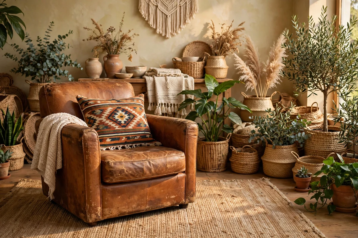 Boho living room with vintage leather slipper chair
