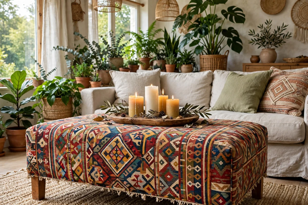 Boho living room with kilim upholstered ottoman