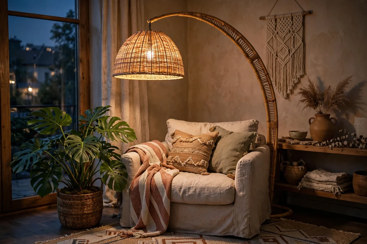 Boho living room with rattan arc floor lamp over chair