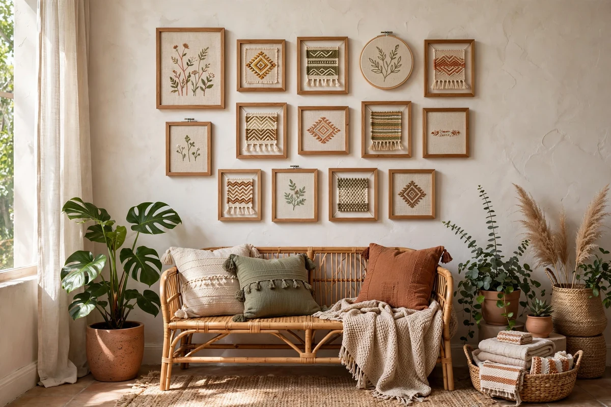 Boho living room with textile gallery wall