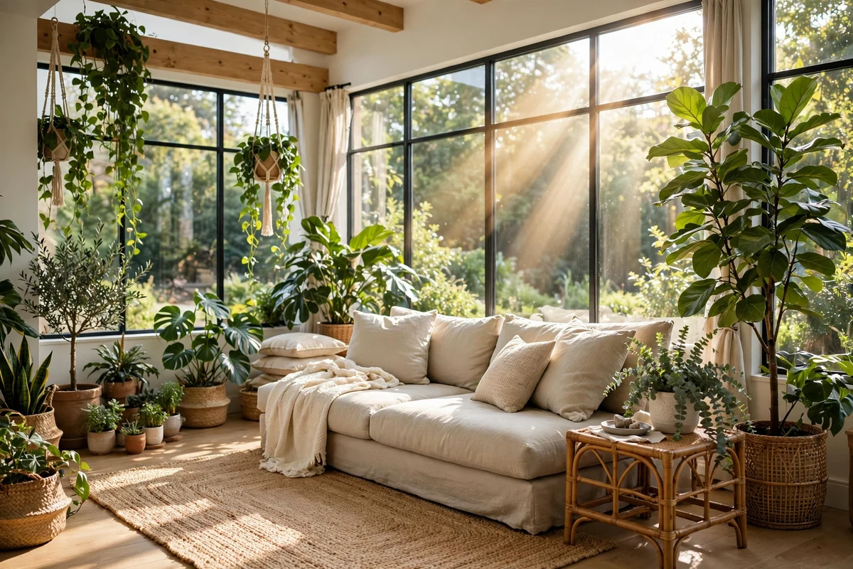 Boho sunroom lounge with low sofa and plants
