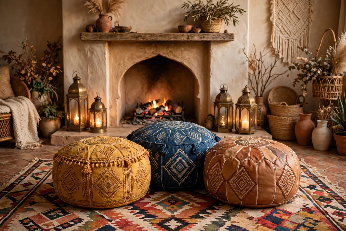 Boho living room with Moroccan pouf cluster