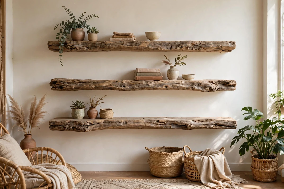 Boho living room with driftwood floating shelves styling