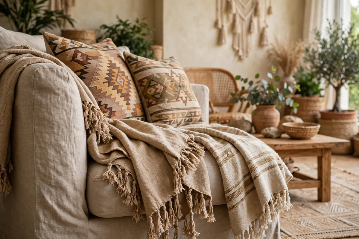 Boho living room sofa with tasseled throw blankets
