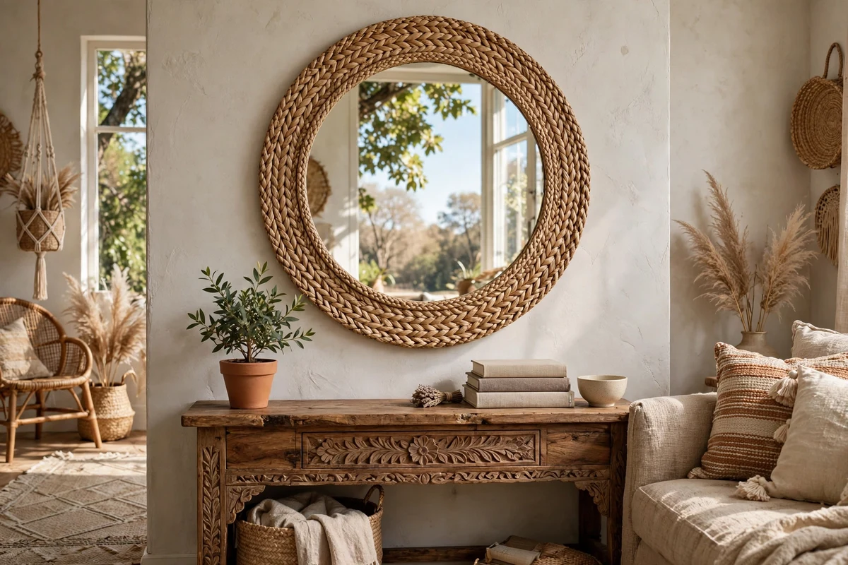 Boho living room with round woven rattan mirror