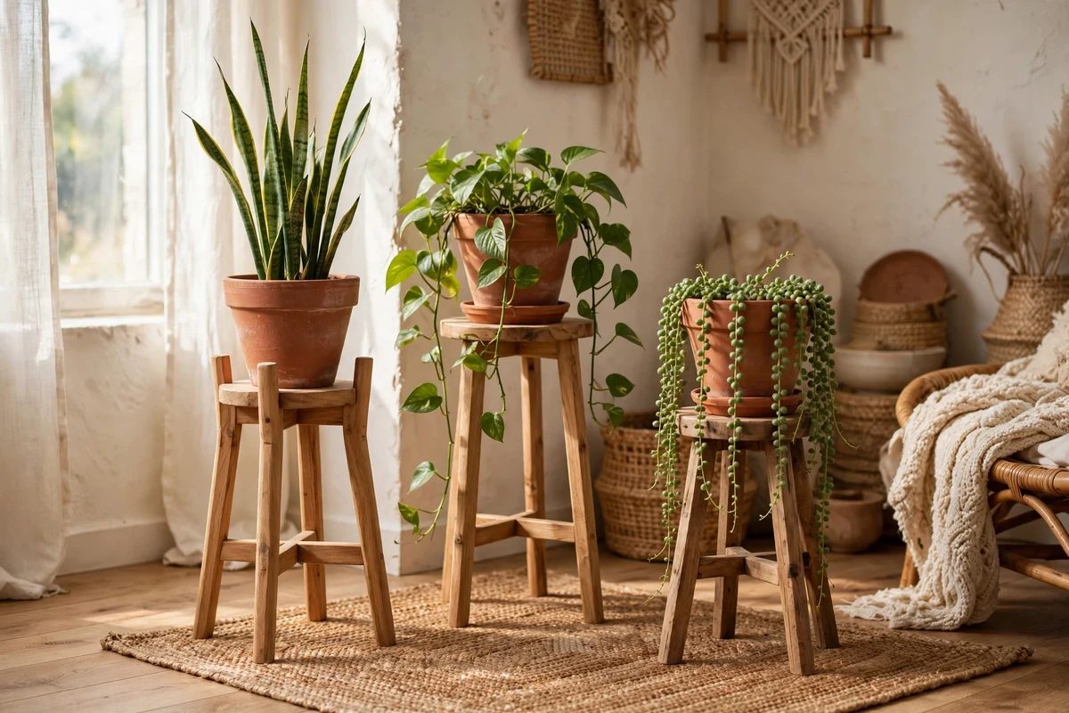 Boho living room with trio of plant stands