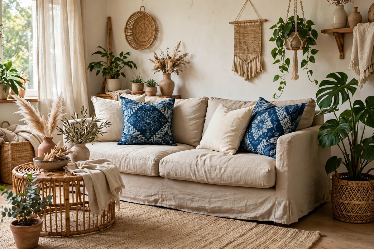 Boho living room sofa with indigo batik pillows