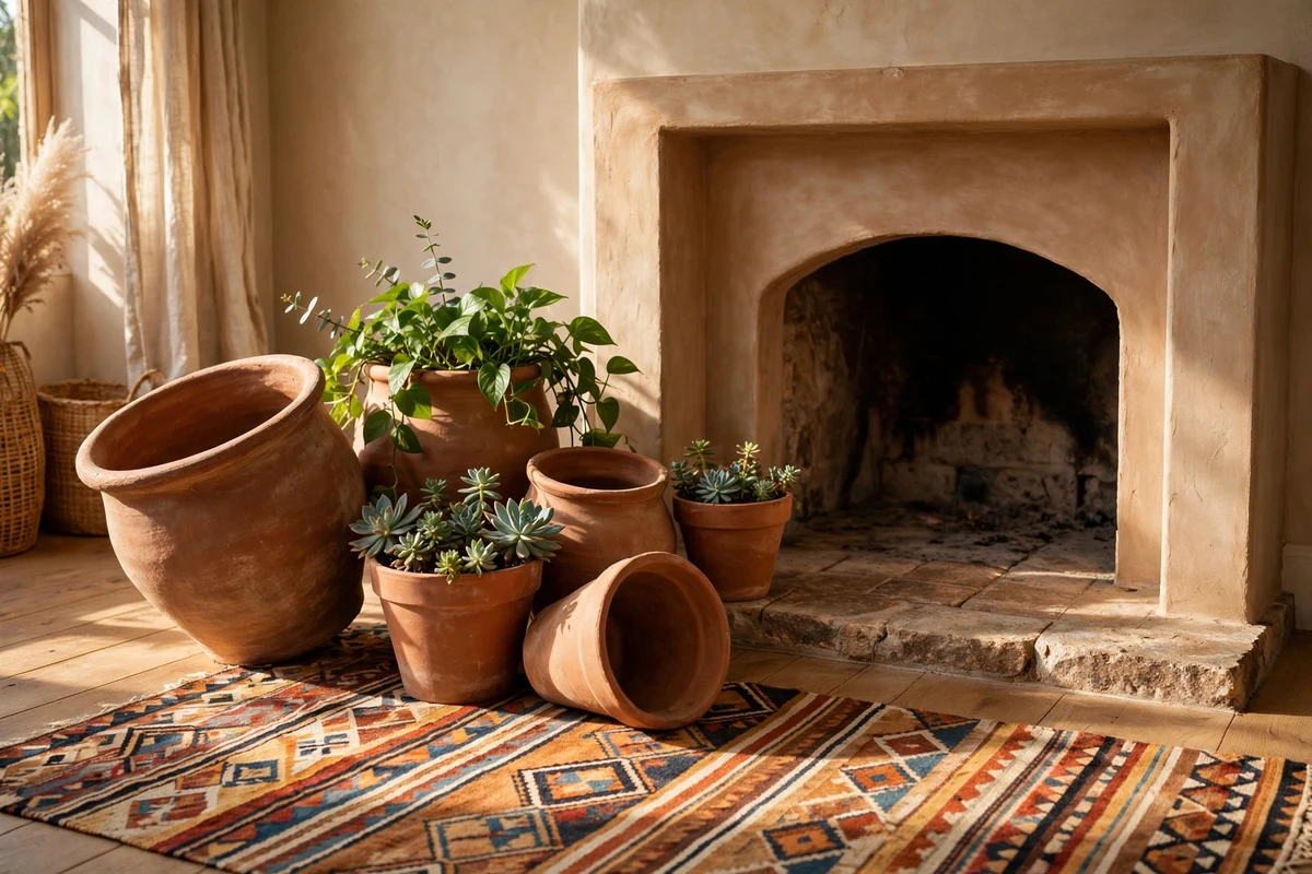 Boho living room with terracotta pot display