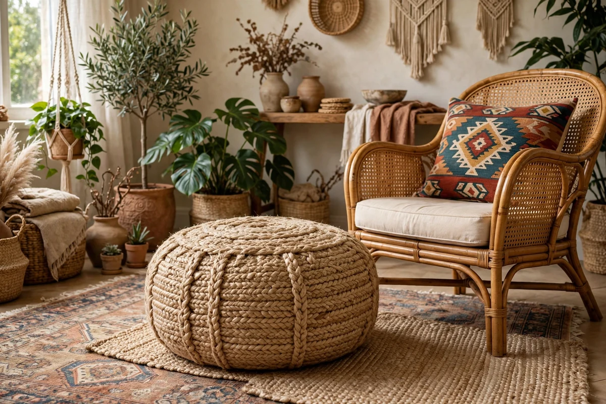Boho living room with woven pouf footrest beside chair