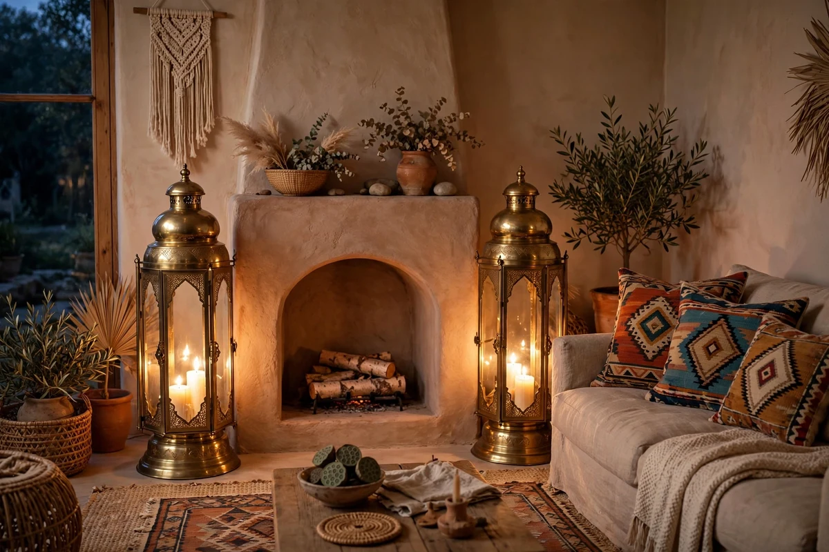 Boho living room with brass floor lanterns glowing