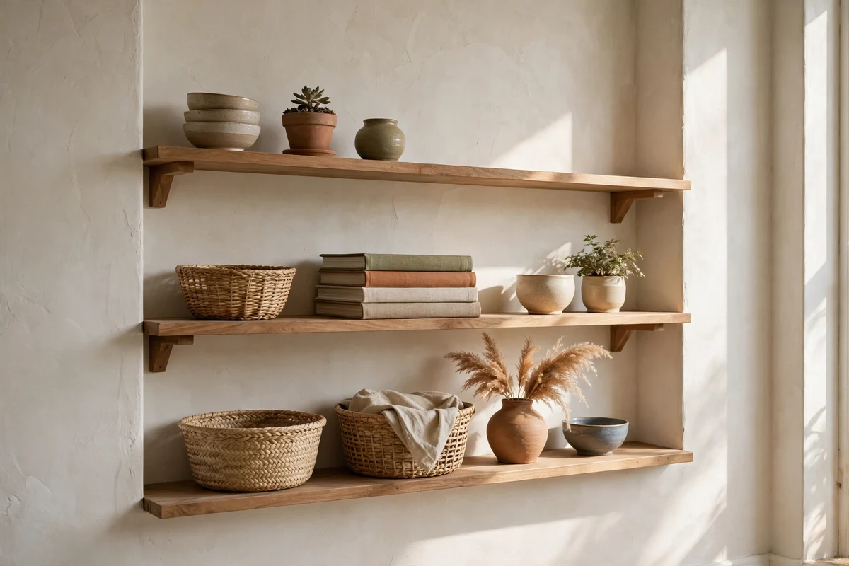 Boho living room with open wooden shelving styling