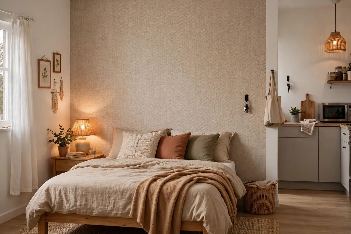 Peel-and-stick wallpaper accent wall behind bed in a budget studio apartment