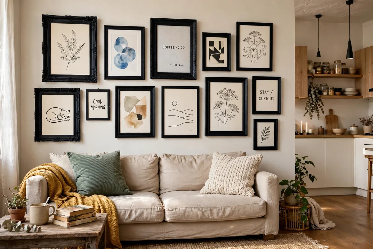 Thrifted frame gallery wall above sofa in a small studio apartment
