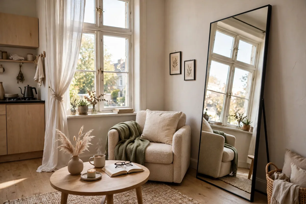 Large leaning mirror opposite window doubling light in a studio apartment