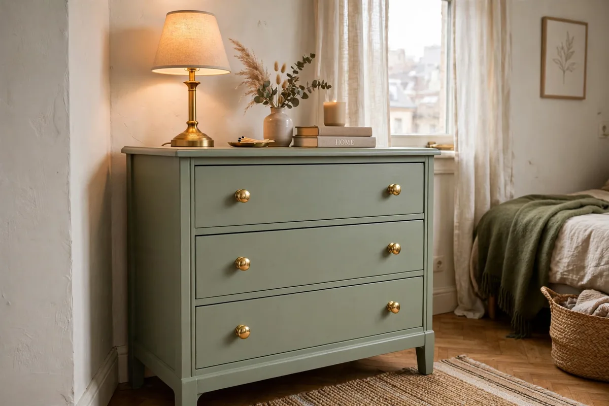 Thrifted solid wood dresser with new knobs in a budget studio