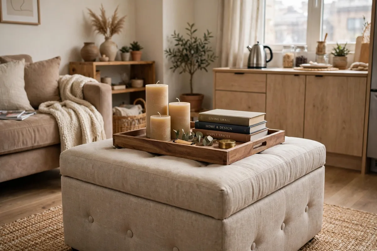 Storage ottoman doubling as coffee table in a small studio living area