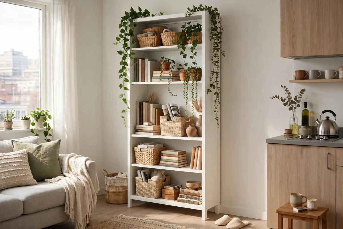 Tall IKEA BILLY bookcase styled with books and plants in a studio
