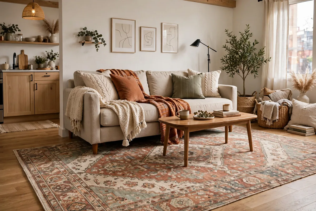 Large 8x10 area rug grounding sofa and bed in a studio apartment