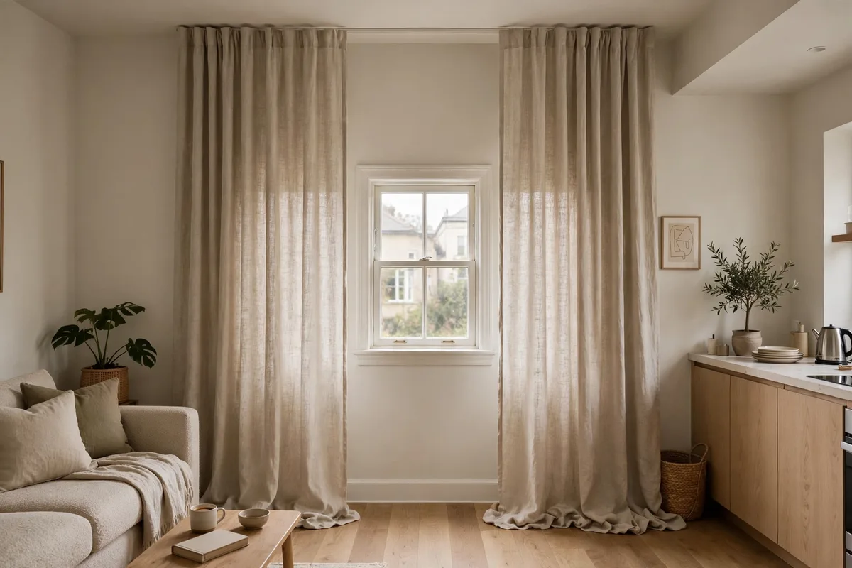 Curtains hung high and wide making small studio windows look bigger
