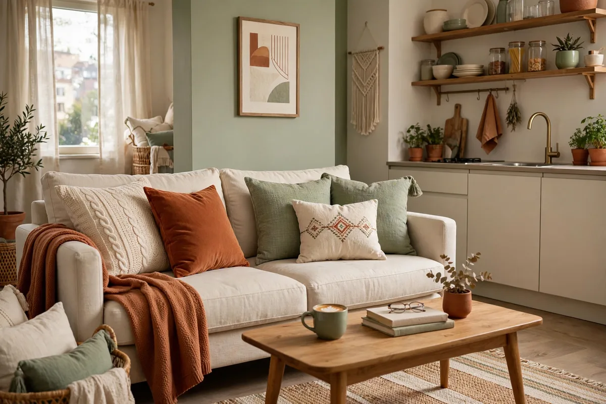 Coordinated three-color throw pillows on sofa in a budget studio