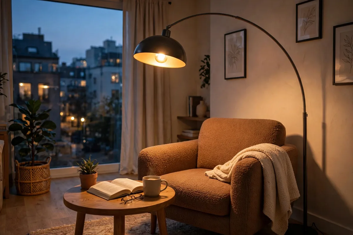 Warm floor lamp beside sofa replacing harsh overhead studio lighting