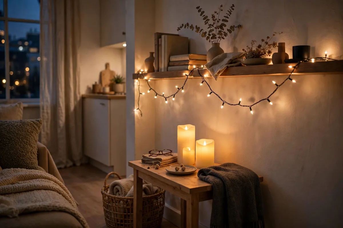 Warm fairy lights and flameless candles glowing in a studio at night
