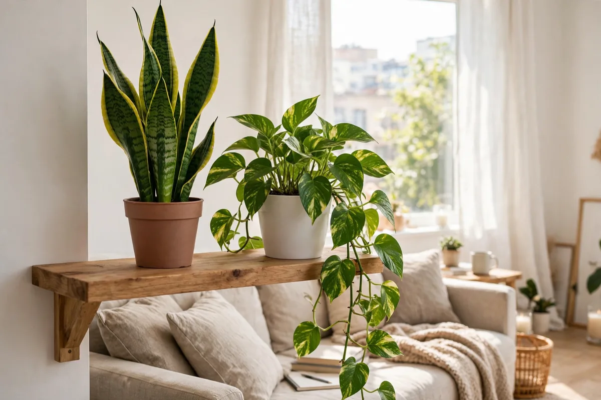 Pothos and snake plant adding life to a budget studio apartment corner