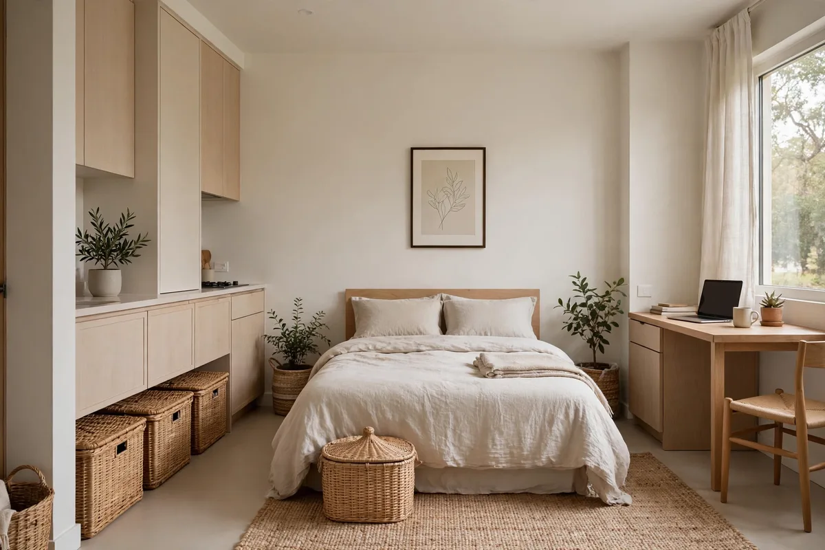 Hidden cords and matching storage bins decluttering a studio apartment