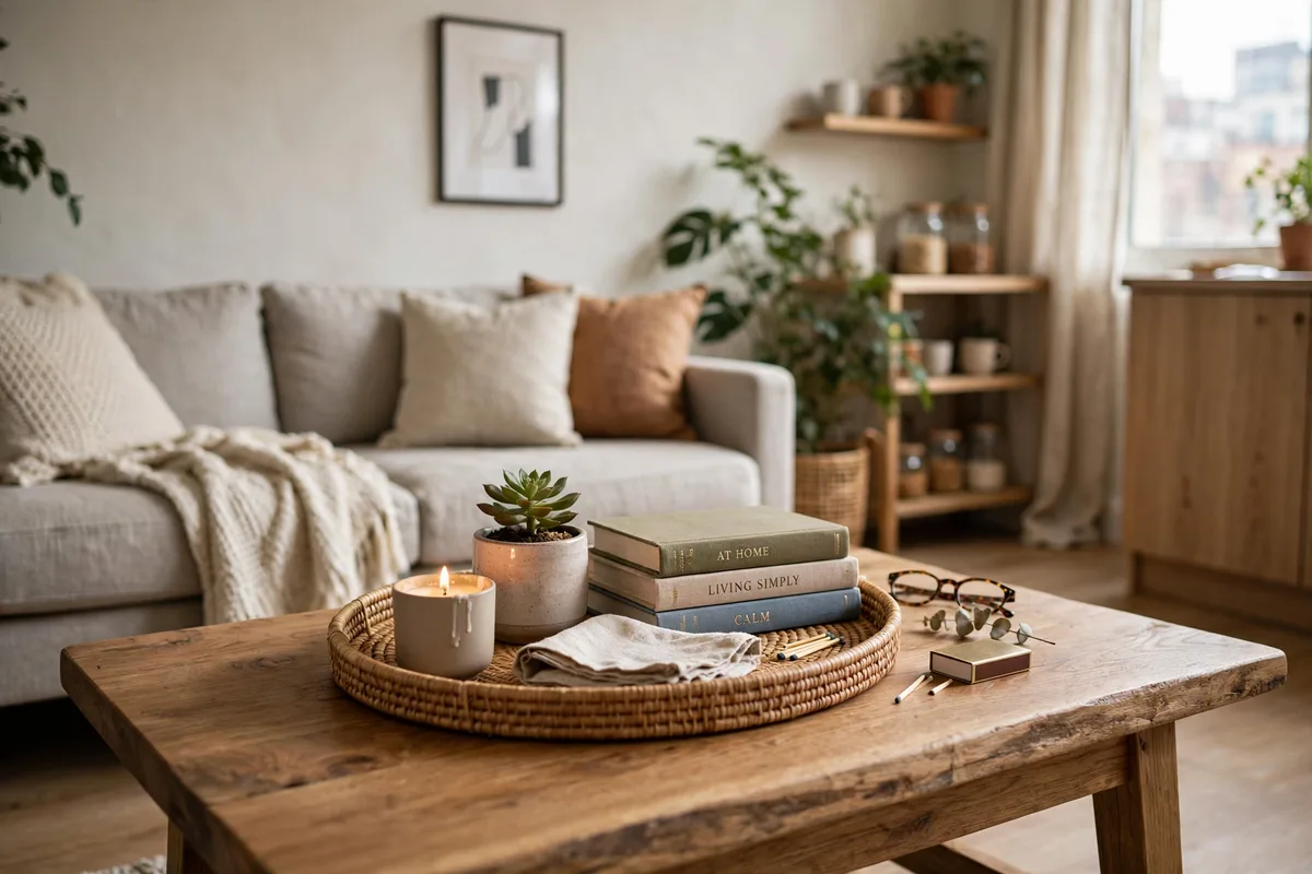 Decorative tray styling remotes and candles on a studio coffee table