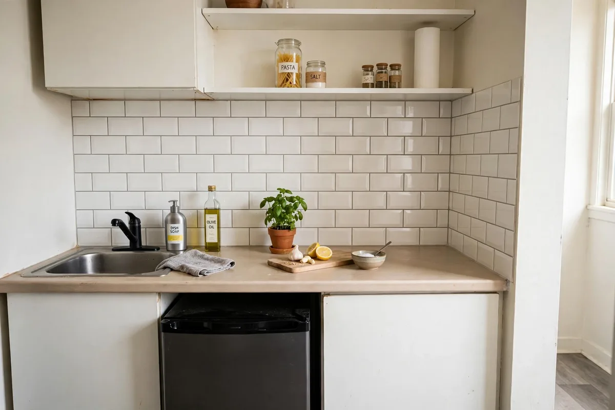 Peel-and-stick subway tile backsplash upgrading a studio kitchenette